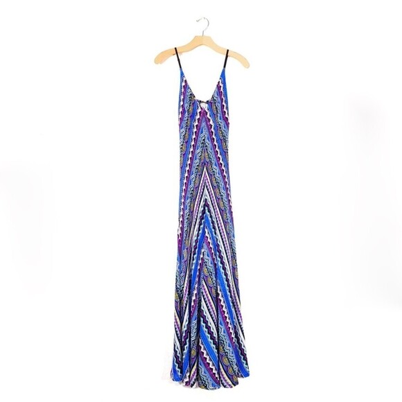 CACHE Plisse Point Stripe Geometric Print Cami Maxi Dress Boho Cobalt Blue Small - Picture 2 of 11